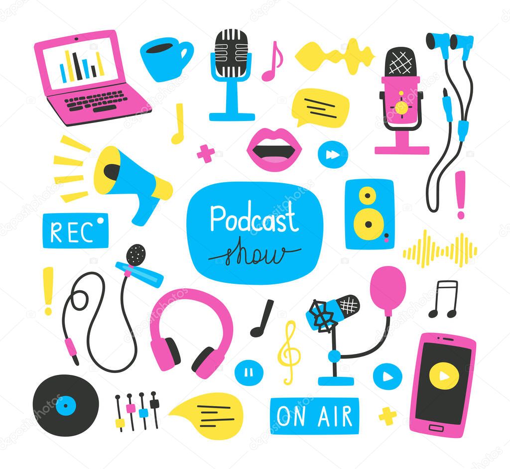 Set of hand drawn elements and phrases on the topic of recording podcasts, various microphones, a laptop, sound images. Bright vector illustration in for banners, websites, packaging.