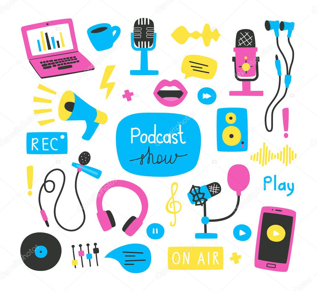 Set of hand drawn elements and phrases on the topic of recording podcasts, various microphones, a laptop, sound images. Bright vector illustration in for banners, websites, packaging.