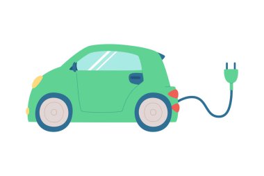 Kablolu ve soketli sevimli elektrikli araba, ekoloji ve temiz enerji kavramı.