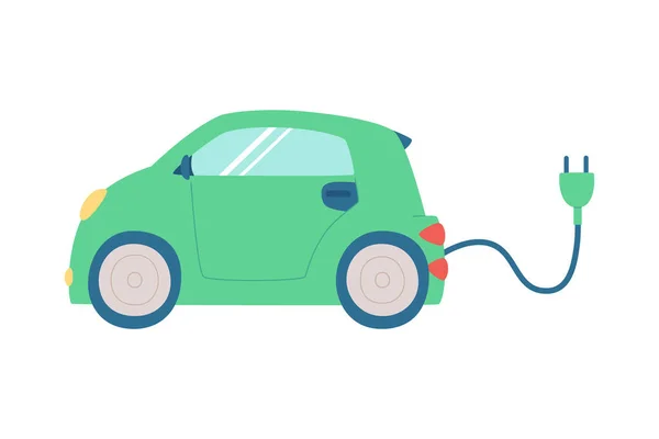 Leuke elektrische auto met kabel en stopcontact, concept van ecologie en schone energie. — Stockvector