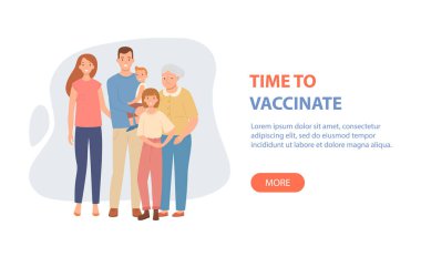 Pankartı aşılama zamanı. Çocuklu mutlu ebeveynler virüslerden ve hastalıklardan korunur. COVID-19 ya da grip için aile aşısı. Düz bir şekilde vektör illüstrasyonu