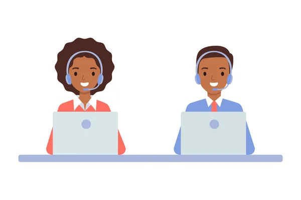 African American girl and guy wearing in headphones, the concept of a call center and online customer support. — Stock Vector