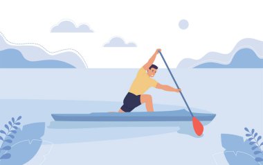 Nehirde yüzen bir kayıktaki genç adam, kürek yarışması konsepti, kano sporu..