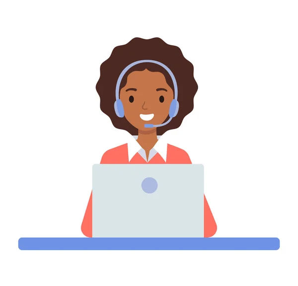 Menina afro-americana vestindo em fones de ouvido, o conceito de um call center e suporte ao cliente online. —  Vetores de Stock