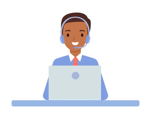 Jovem afro-americano vestindo em fones de ouvido, o conceito de um call center e suporte ao cliente on-line. —  Vetores de Stock