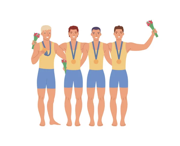 Skupina mužských sportovců s medailemi a květinami, ploché vektorové ilustrace izolované na bílém pozadí. — Stockový vektor