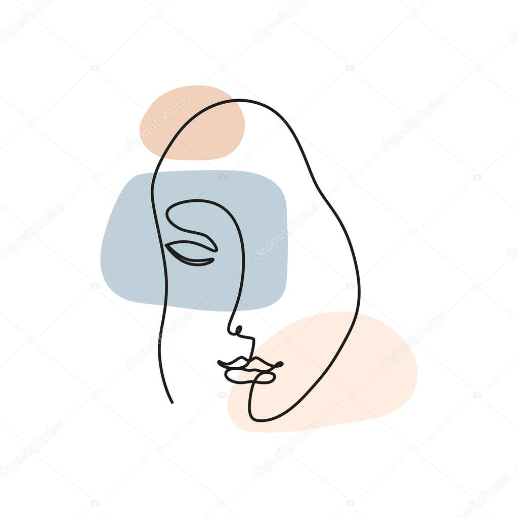 Abstract female face, continuous line drawing. Portret minimalistic style. Modern vector illustration.
