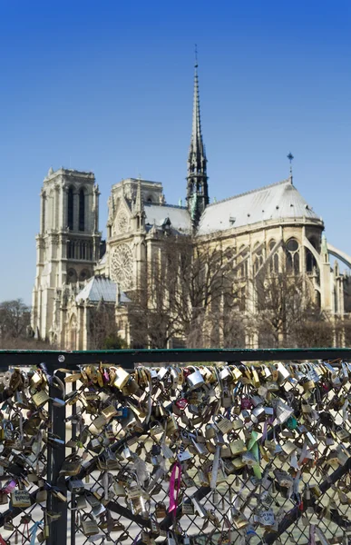 Kilitler ve Notre-Dame köprüsüyle. Fransa. Paris — Stok fotoğraf