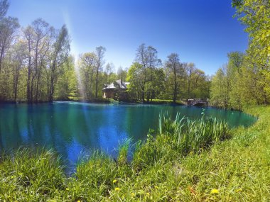 yaz öğleden sonra bir bulut aracılığıyla ışık ışını Gölü kıyısında