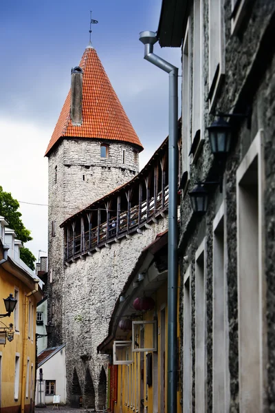 Strada şi turnul unui zid al oraşului. Oraşul vechi. Tallinn, Estonia — Fotografie, imagine de stoc