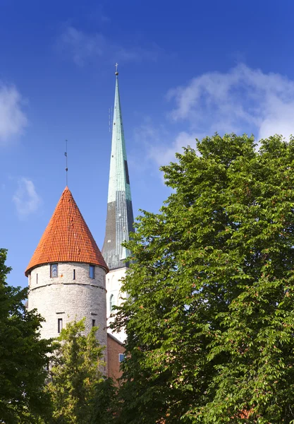 Spike St Olaf (Oleviste) kyrkan och befästningen Tower. Tallinn, Estland — Stockfoto