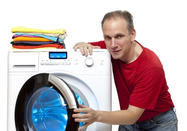 Happy man with new washing machine — Stock Photo, Image