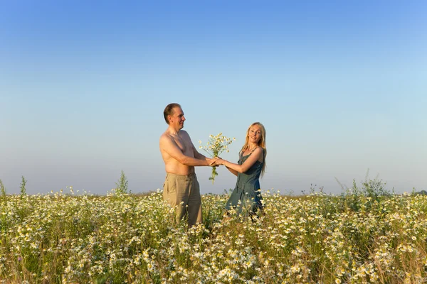 Feliz hombre y la mujer en el campo con manzanilla —  Fotos de Stock