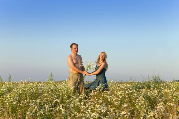 Feliz hombre y la mujer en el campo con manzanilla —  Fotos de Stock