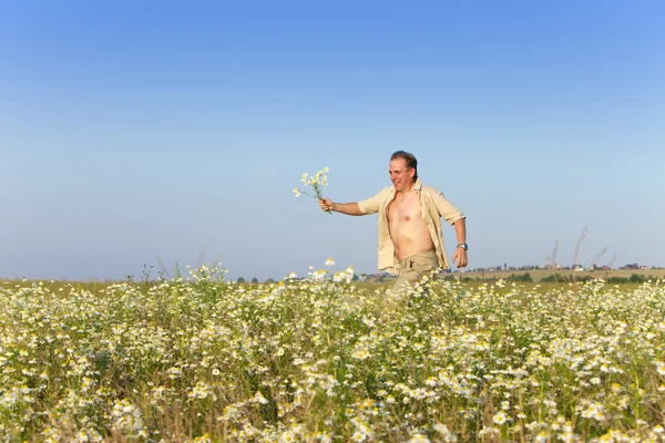 O homem feliz no campo com um buquê de camomilas — Fotografia de Stock