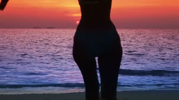 Silhouette della donna contro un tramonto a oceano — Video Stock