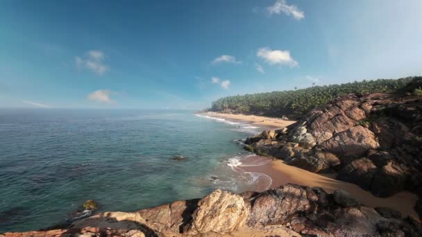 Paradise beach med stenar och palmer, Flygfoto. Kerala, Indien. — Stockvideo