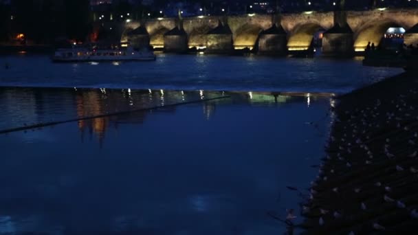 Vackra stadsbilden i Prag på natten med Charles Bridge Karluv mest över floden Vltava och slottet Prag, Tjeckien — Stockvideo