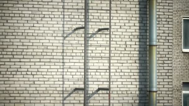 Пожарная лестница на стене кирпичного многоэтажного здания — стоковое видео