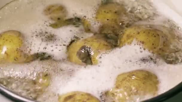Закрыть свежий картофель в кипящей воде — стоковое видео