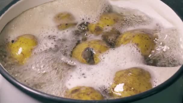 Close-up van verse aardappelen in kokend water — Stockvideo