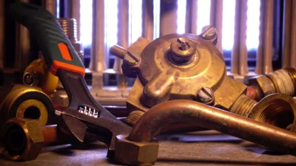 The part of gas boiler, water fittings and adjustable spanner — Stock Footage The part of gas boiler, water fittings and adjustable spanner Video Clip