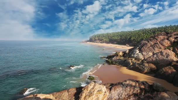 Praia do paraíso com pedras e palmeiras, vista aérea. Kerala, Índia . — Vídeo de Stock