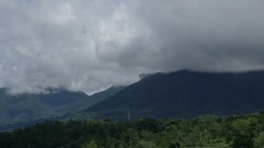 Güneşli bir günde, arka planda bir yanardağ ile mavi gökyüzünde rüzgardan hareket eden bulutların zamanı. Ağaçlar, tropikal alan