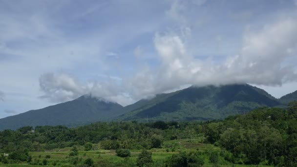 Timelapse van wolken die bewegen uit de wind in de blauwe lucht op zonnige dag met een vulkaan op de achtergrond. bomen, tropisch gebied — Stockvideo