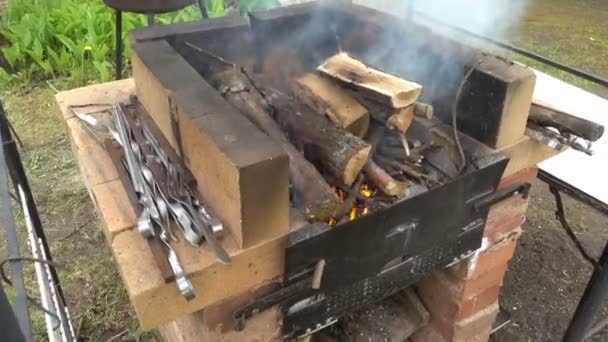 Brandhout brandt in een straatschurk in de buurt van een landhuis, Bereiding voor het koken op een open vuur, Shashlyk, worsten, barbecue — Stockvideo