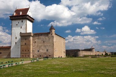 partilere kenarlık Nehri'nin iki antik kaleler. Narva, Estonya ve Ivangorod arkasında nehre, Rusya Federasyonu
