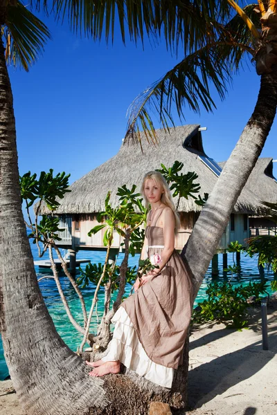 La hermosa mujer en un vestido largo en la palmera cerca del mar . —  Fotos de Stock