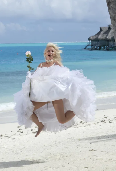 La mujer joven hermosa en el vestido de la novia salta al borde del mar . — Foto de Stock