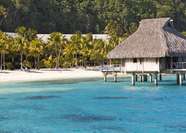 Paisaje polinesio típico - costa con palmeras y casitas en el agua . — Foto de Stock