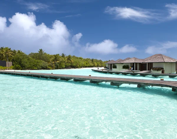 Casas sobre a água do mar tranquila transparente e uma palmeira — Fotografia de Stock