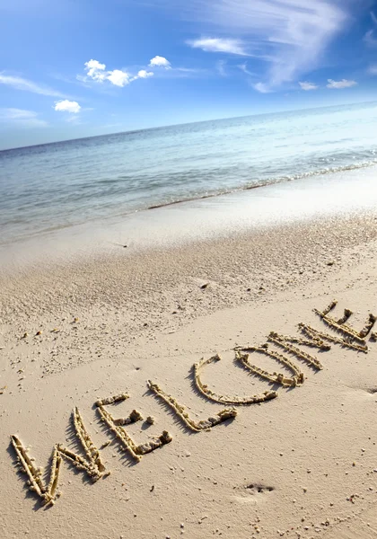 Text på sand - Välkommen — Stockfoto