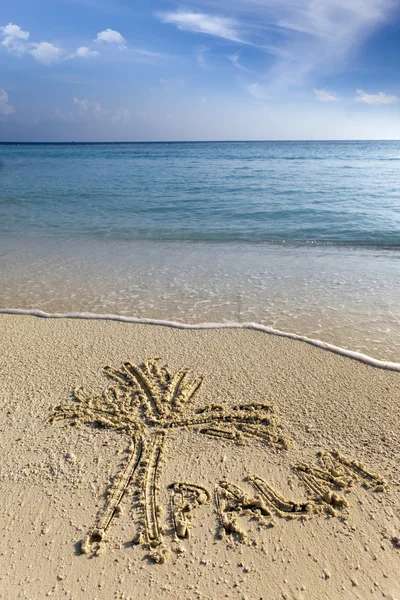 Zeichnung auf Sand steht auch geschrieben "Palme" — Stockfoto