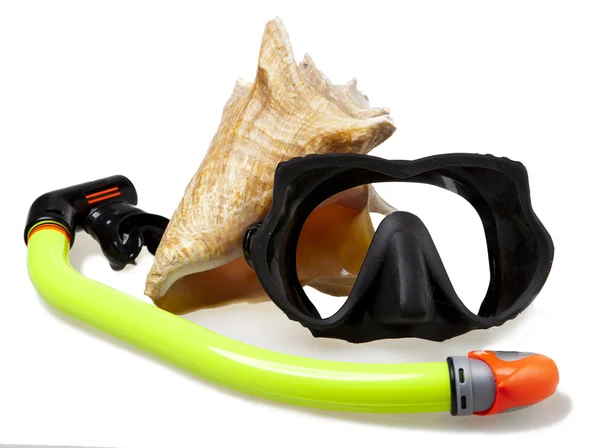 Tubo per immersioni (snorkeling), grande conchiglia e maschera — Foto Stock