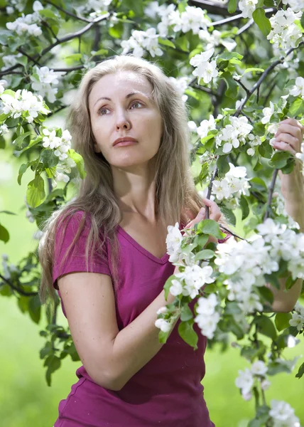 Young attractive woman standing near the blossoming apple tree — Stock Photo, Image