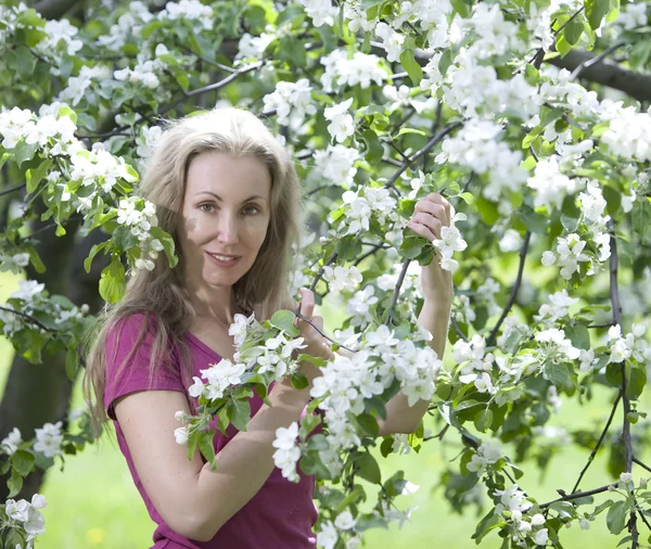 開花のりんごの木の近くに立って若い魅力的な女性 — ストック写真