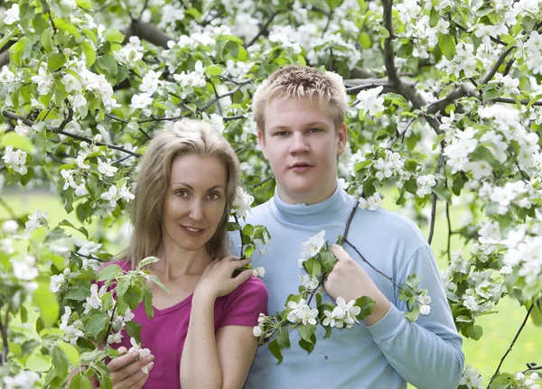 Счастливый мужчина и женщина в цветущих яблонях — стоковое фото