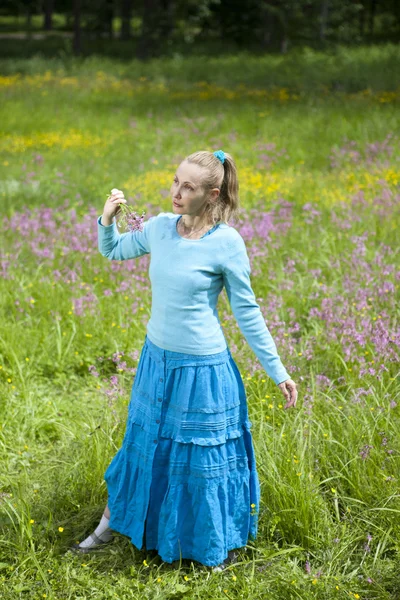 De mooie jonge vrouw in een blauwe jurk in het veld — Stockfoto