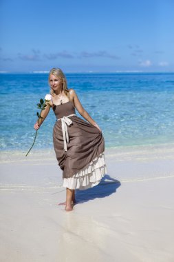 Bir gül bir plajda denizin kenarında güzel bir kadın. Polinezyası
