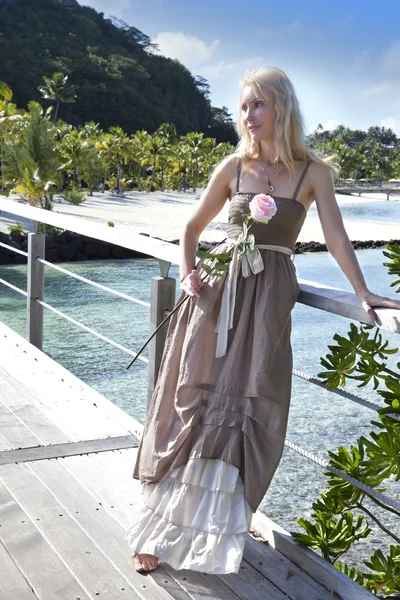 海のそばの木製の橋に長いドレスで美しい女性. — ストック写真