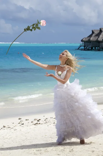 Die glückliche Braut in einem weißen langen Kleid wirft eine Rose auf einen Strand vor dem Hintergrund des Meeres — Stockfoto