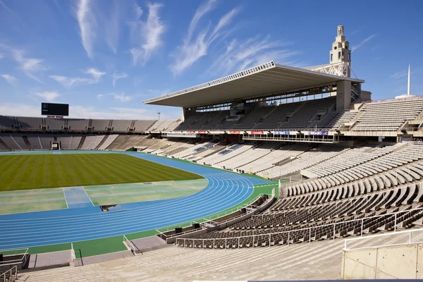 Tafel über leeren Tribünen im Olympiastadion von Barcelona am 10. Mai 2010 in Barcelona, Spanien. — Stockfoto