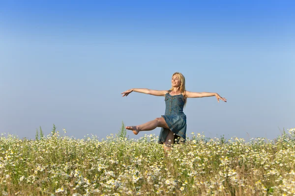 La joven feliz en el campo de las manzanillas —  Fotos de Stock