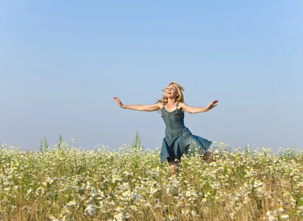 La joven feliz en el campo de las manzanillas —  Fotos de Stock