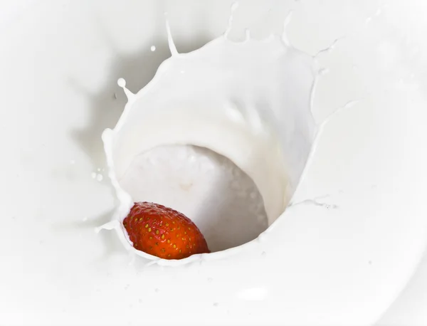 Az eper beleesik a tejbe — Stock Fotó