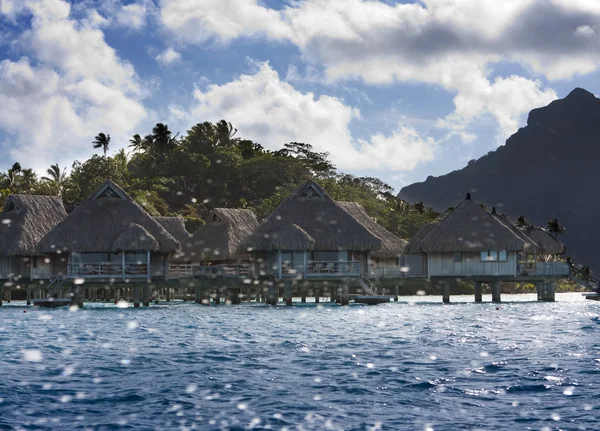 The island with palm trees in the sea through splashes of waves — Stock Photo, Image